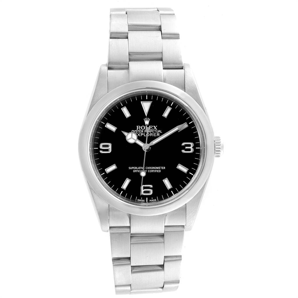 The image shows a front view of a Rolex Explorer 114270 Men's Stainless Steel Black Dial 114270 Men's Stainless Steel Black Dial watch, displaying its dial, case, and metal bracelet.