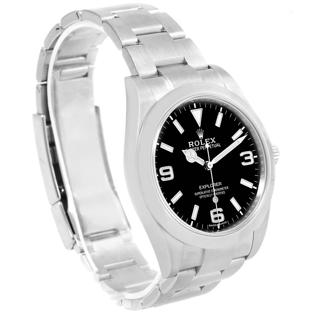 The image shows a Rolex Explorer 214270 Men's Stainless Steel Black Dial 214270 Men's Stainless Steel Black Dial watch at a three-quarter angle, highlighting the dial, case, and part of the bracelet.