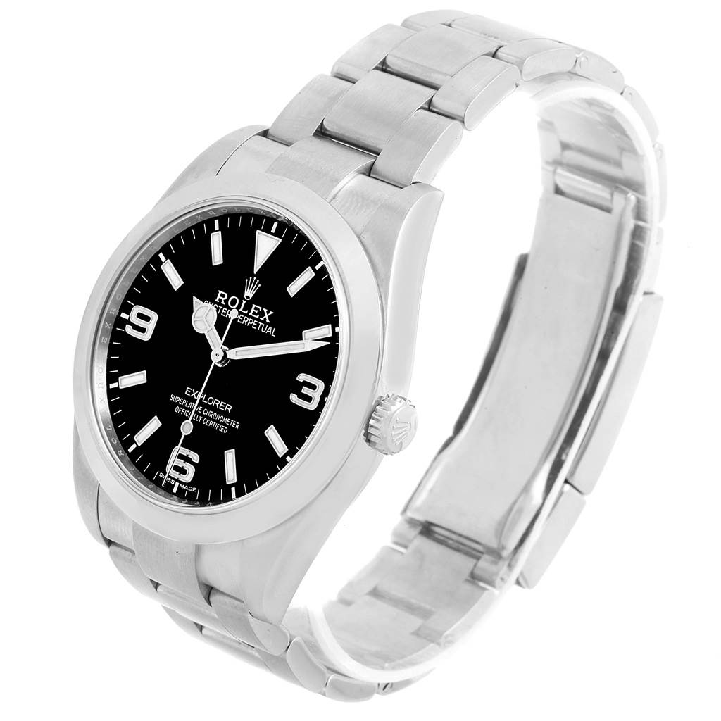 The Rolex Explorer 214270 Men's Stainless Steel Black Dial 214270 Men's Stainless Steel Black Dial watch is shown at a slight left-facing angle, displaying the dial, bezel, crown, and metal bracelet.