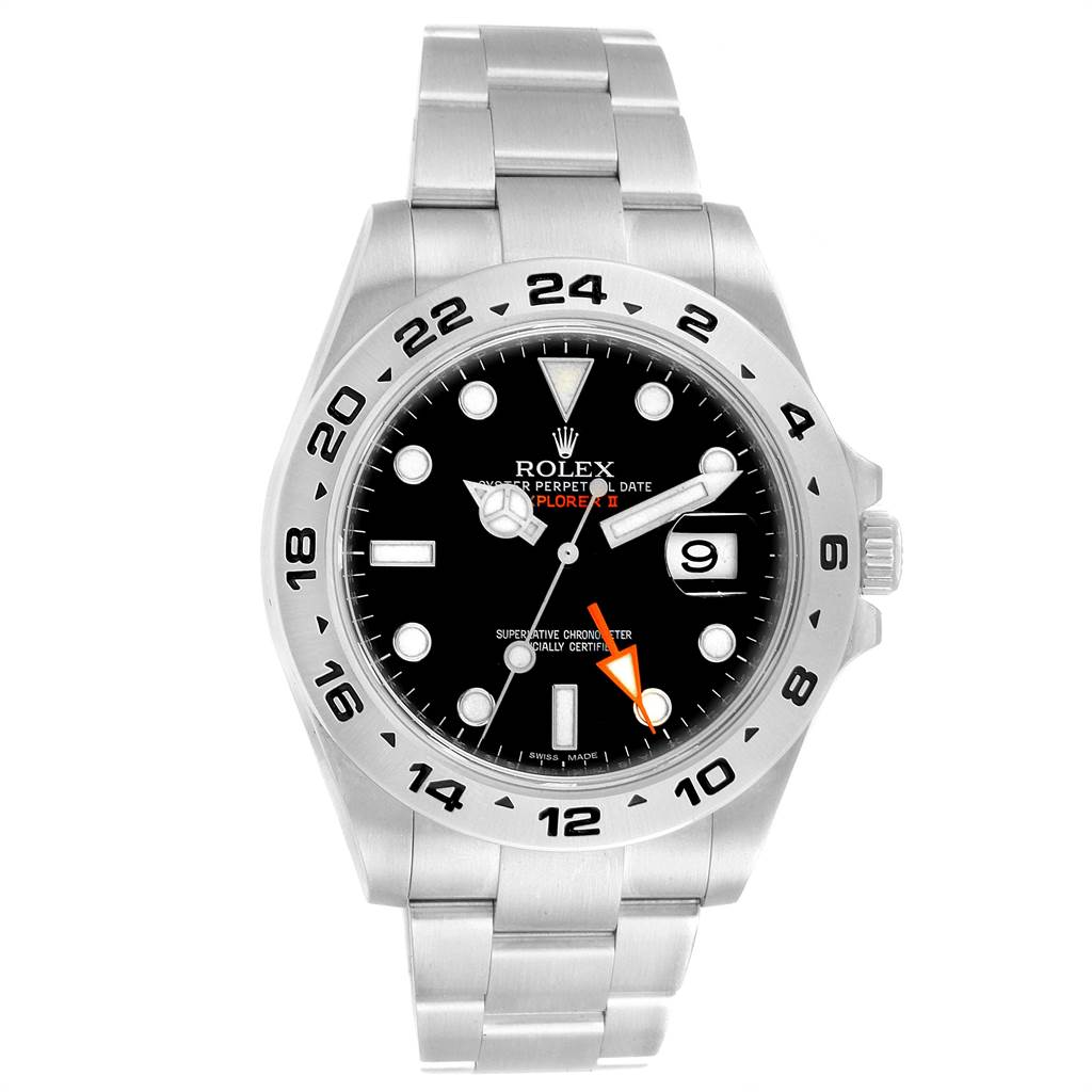 The Rolex Explorer 216570 Men's Stainless Steel Black Dial 216570 Men's Stainless Steel Black Dial model watch is shown from a front-facing angle, displaying its dial, bezel, crown, and steel bracelet.