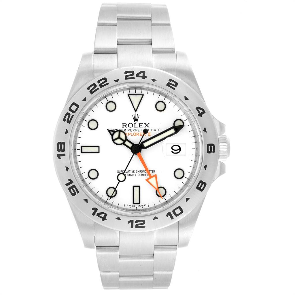 The image shows a front view of a Rolex Explorer 216570 Men's Stainless Steel White Dial 216570 Men's Stainless Steel White Dial watch, highlighting its white dial, date window, bezel, and stainless steel bracelet.