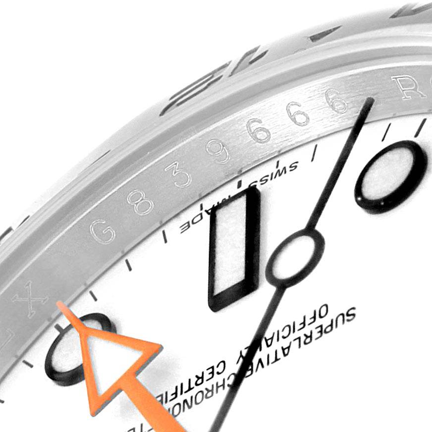 This image shows a close-up of the dial and hands of the Rolex Explorer 216570 Men's Stainless Steel White Dial 216570 Men's Stainless Steel White Dial watch model.