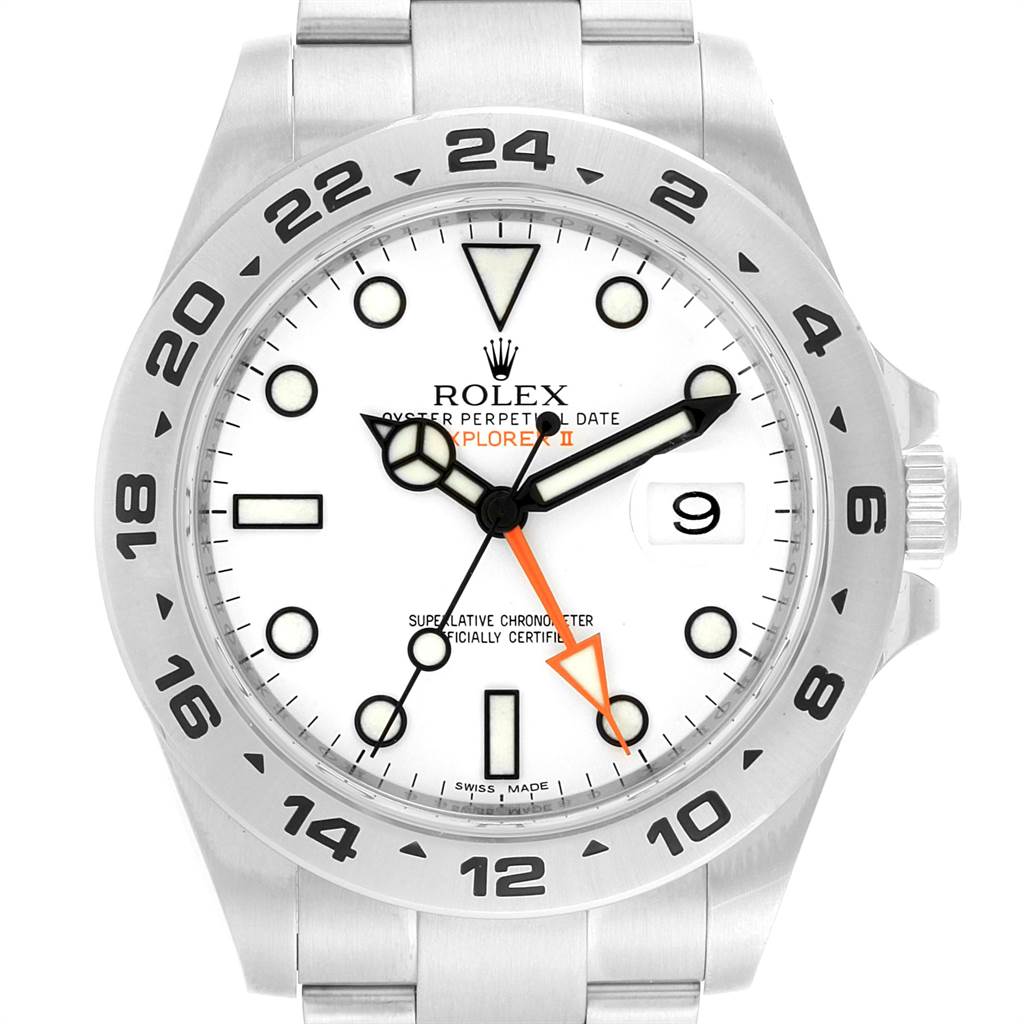 The image shows a front view of a Rolex Explorer 216570 Men's Stainless Steel White Dial 216570 Men's Stainless Steel White Dial watch, highlighting its white dial, date function, and stainless steel bracelet.