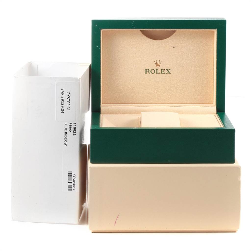 The image shows the open box for a Rolex Explorer 216570 Men's Stainless Steel White Dial 216570 Men's Stainless Steel White Dial watch at a front-facing angle.