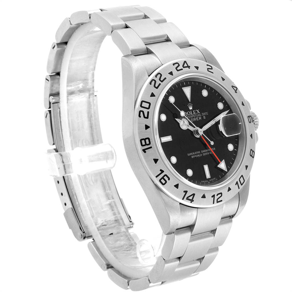 The image shows a side-angle view of a Rolex Explorer 16570 Men's Stainless Steel Black Dial 16570 Men's Stainless Steel Black Dial watch, highlighting its face, bezel, and bracelet.