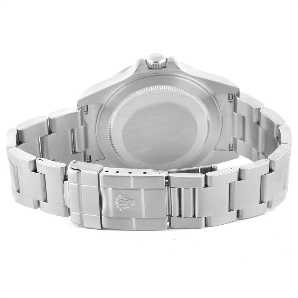 The image shows the back case and bracelet clasp of a Rolex Explorer 16570 Men's Stainless Steel Black Dial 16570 Men's Stainless Steel Black Dial watch.