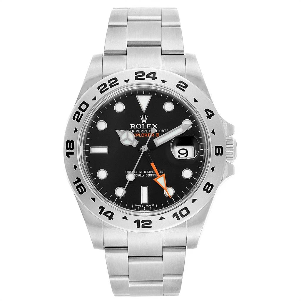 The Rolex Explorer 216570 Men's Stainless Steel Black Dial 216570 Men's Stainless Steel Black Dial model watch is shown from a front angle, displaying its dial, bezel, hands, and bracelet.
