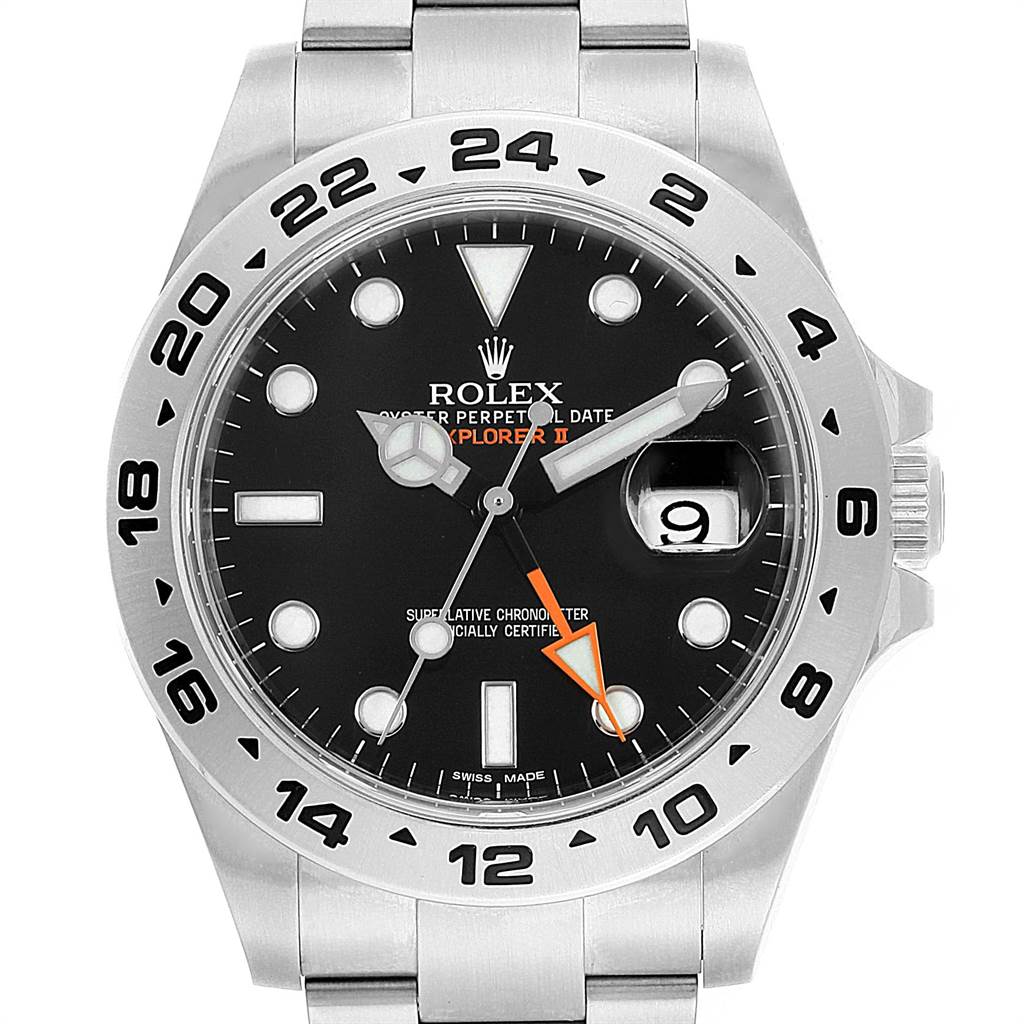 The image shows a frontal view of the dial and bezel of a Rolex Explorer 216570 Men's Stainless Steel Black Dial 216570 Men's Stainless Steel Black Dial watch, including the date magnifier and markers.