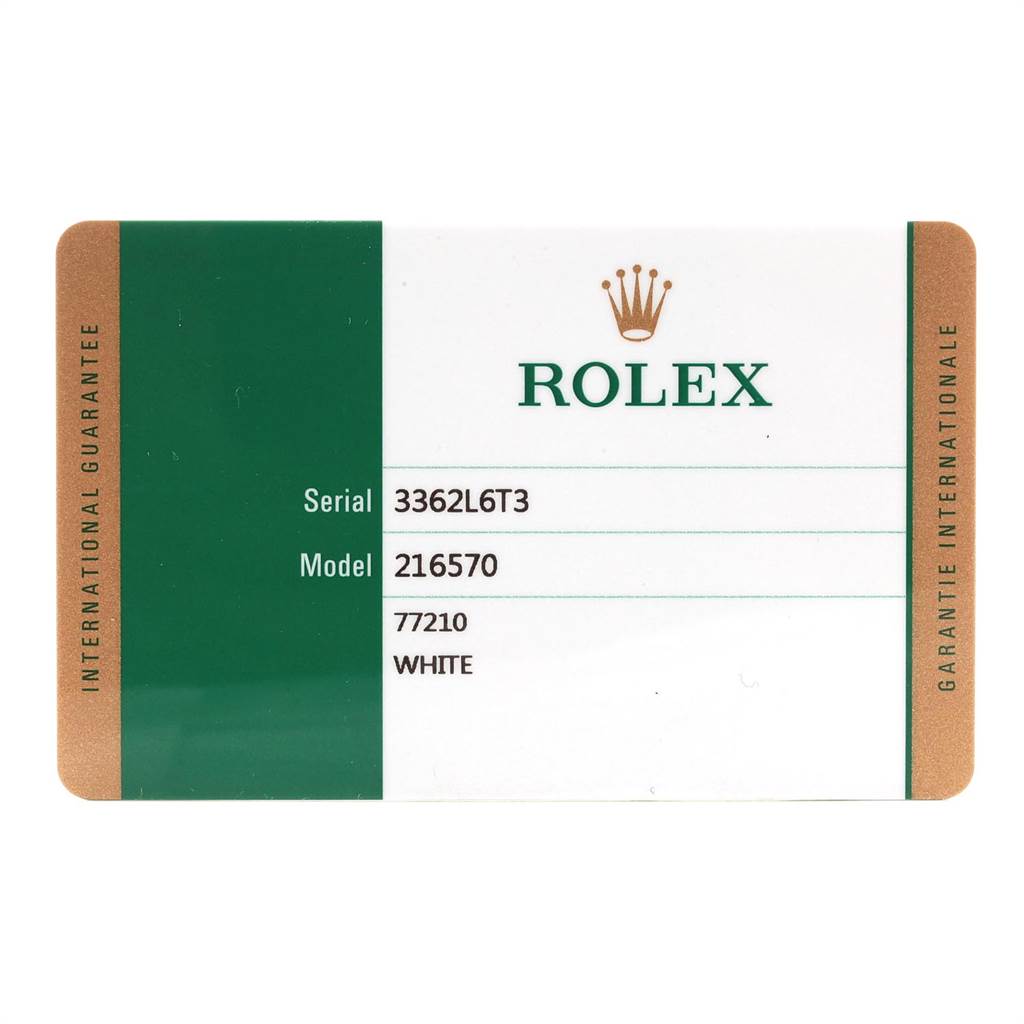 This is a Rolex Explorer 216570 Men's Stainless Steel White Dial 216570 Men's Stainless Steel White Dial warranty card showing the serial number and model number 216570.