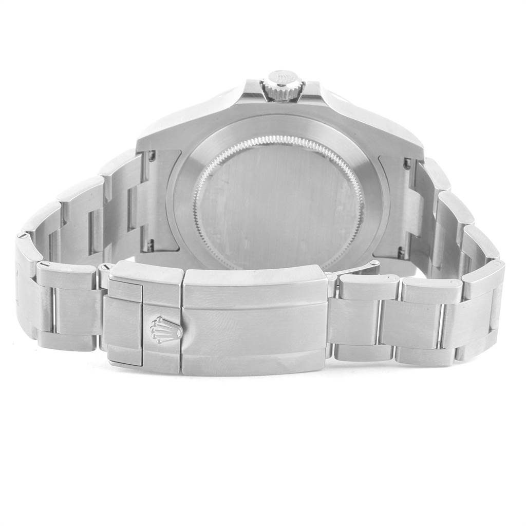 This image shows the back view of a Rolex Explorer 216570 Men's Stainless Steel White Dial 216570 Men's Stainless Steel White Dial watch, focusing on the case back and the stainless steel bracelet with clasp.