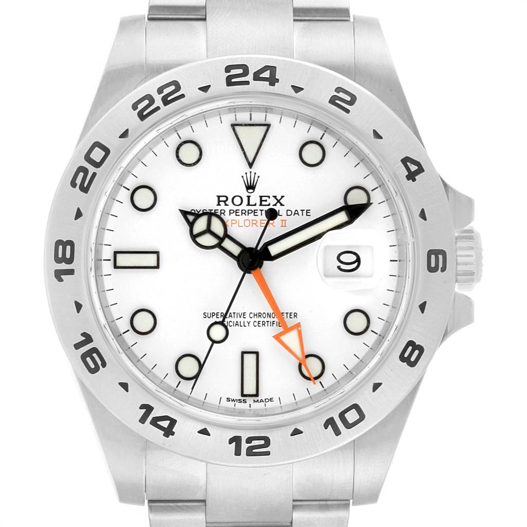 This image shows a front view of a Rolex Explorer 216570 Men's Stainless Steel White Dial 216570 Men's Stainless Steel White Dial watch, displaying its white dial, hands, and bezel.