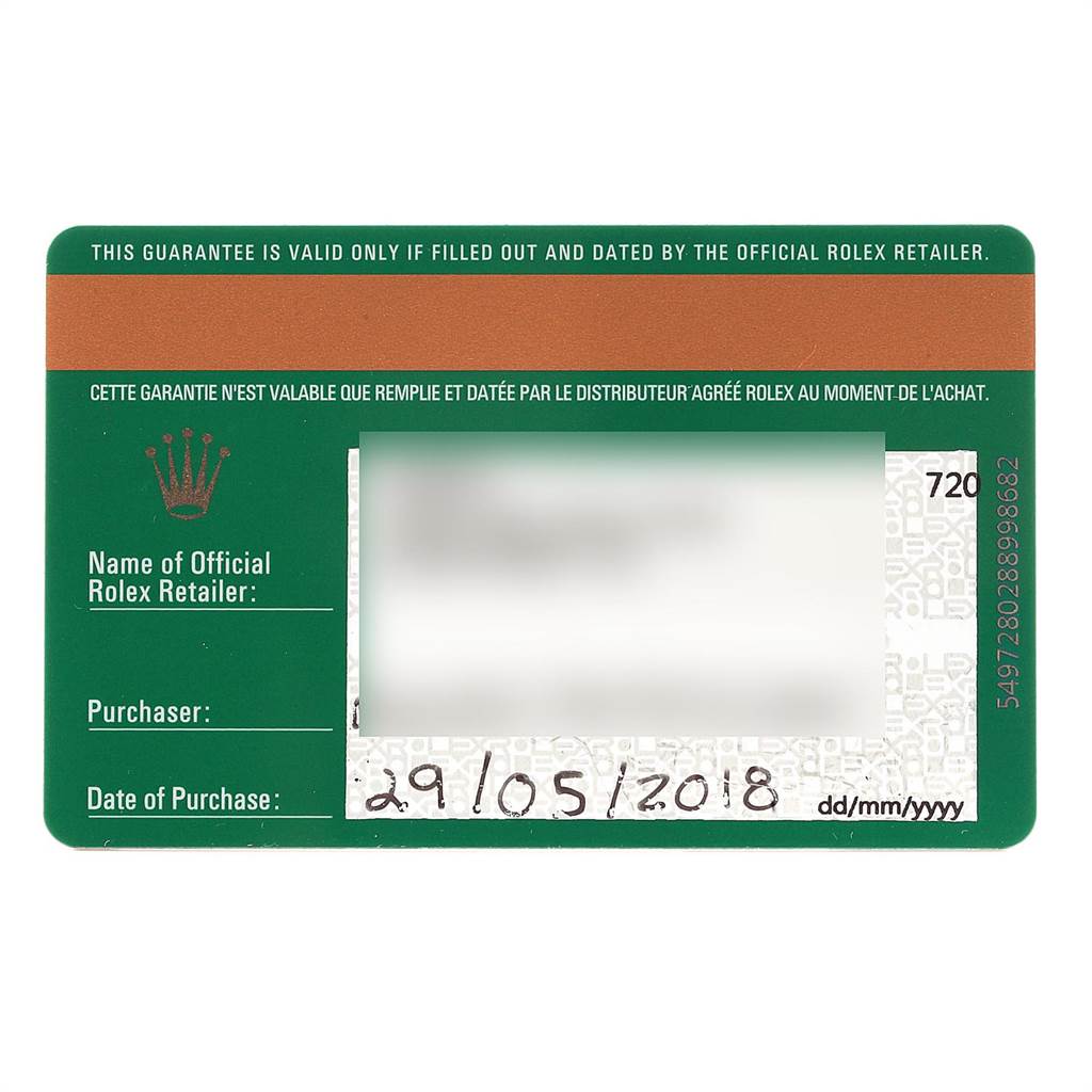 This is the warranty card for a Rolex Explorer 216570 Men's Stainless Steel White Dial 216570 Men's Stainless Steel White Dial watch, showing purchase date and retailer information.