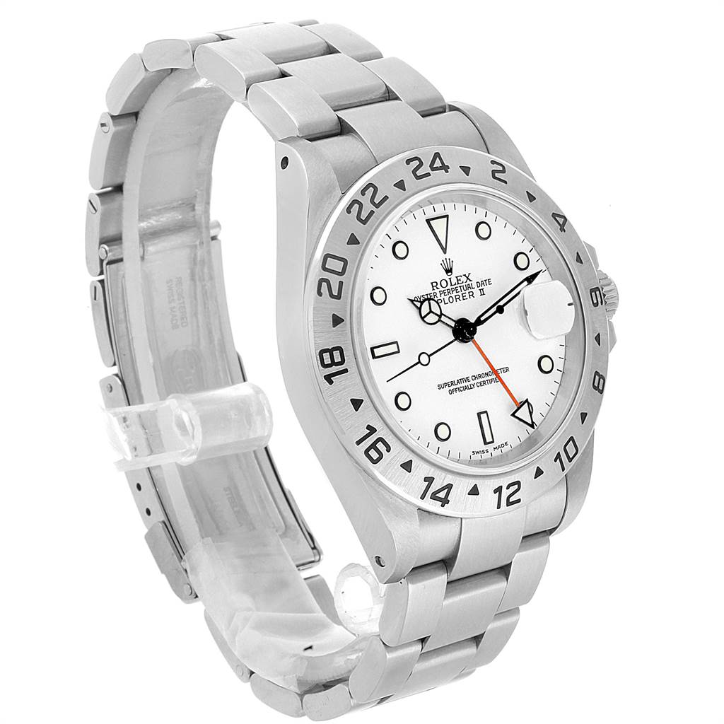 The image shows a side angle of a Rolex Explorer 16570 Men's Stainless Steel White Dial 16570 Men's Stainless Steel White Dial watch, highlighting the face, bezel, crown, and bracelet.