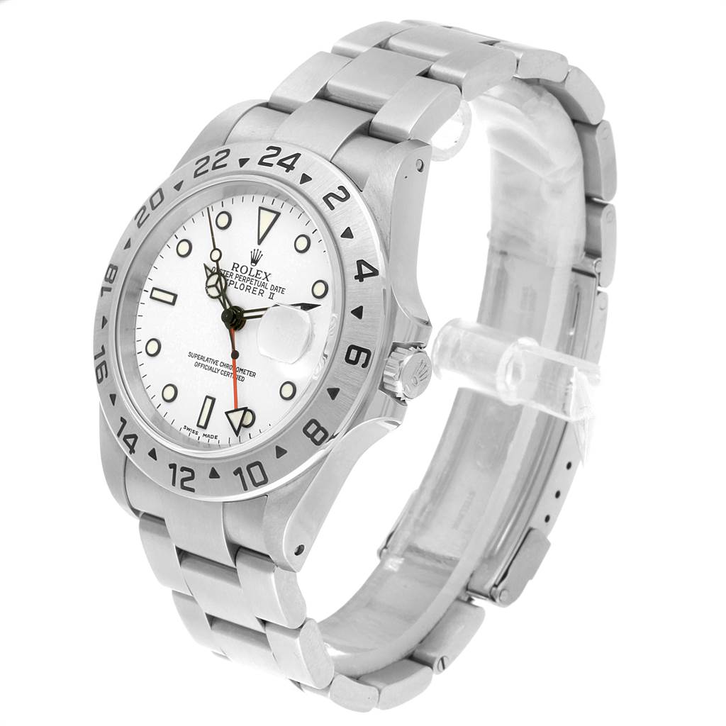 The Rolex Explorer 16570 Men's Stainless Steel White Dial 16570 Men's Stainless Steel White Dial watch is shown from an angled side view, displaying the face, bezel, crown, and bracelet.