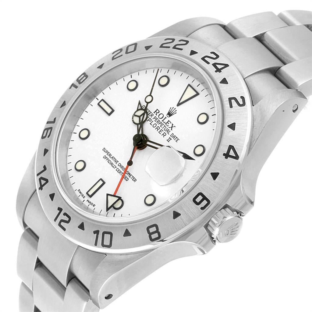 The image shows a tilted angle of the Rolex Explorer 16570 Men's Stainless Steel White Dial 16570 Men's Stainless Steel White Dial, displaying the watch face, bezel, crown, and part of the bracelet.