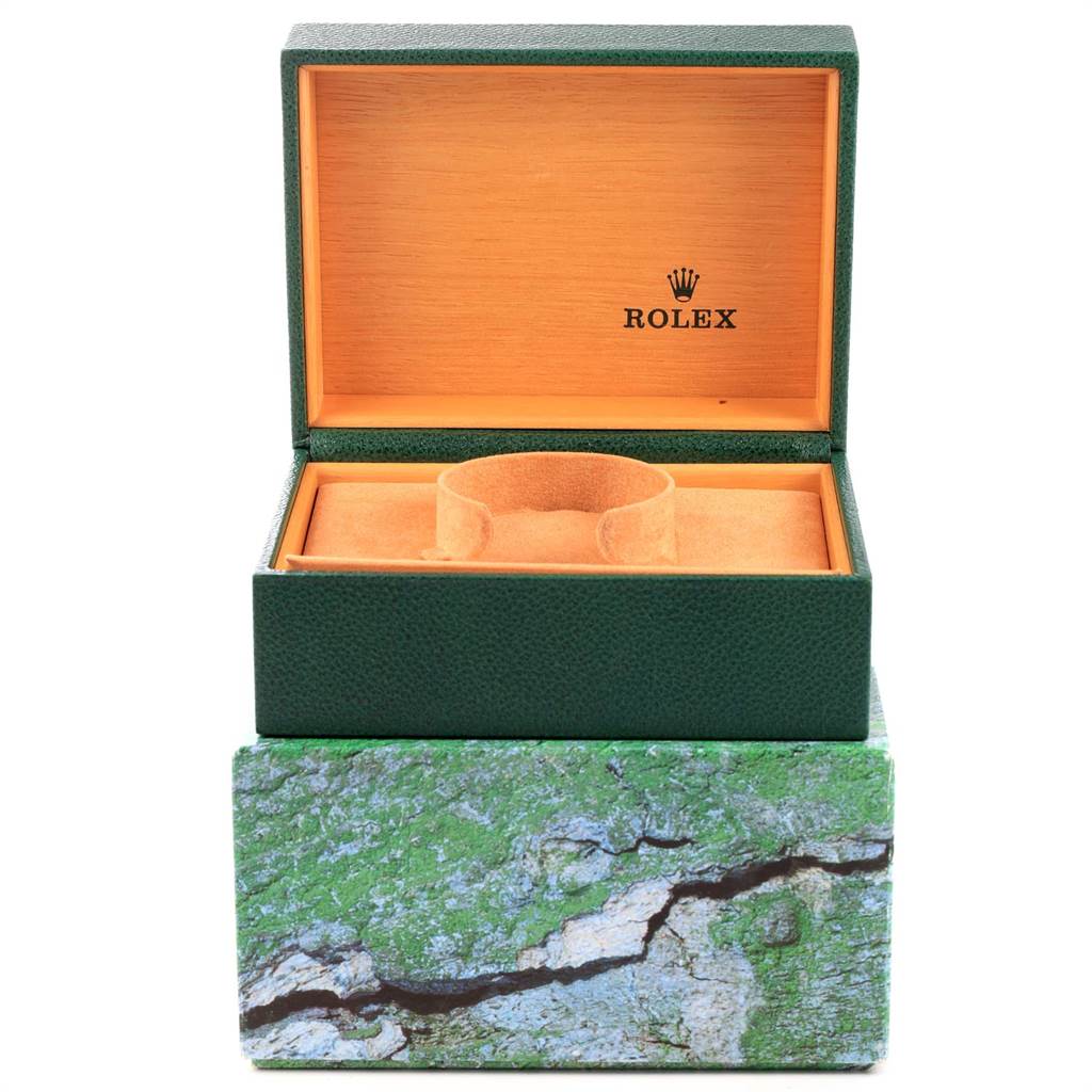 This image shows an open Rolex Explorer 16570 Men's Stainless Steel White Dial 16570 Men's Stainless Steel White Dial watch box at a straight-on angle, with no watch inside.