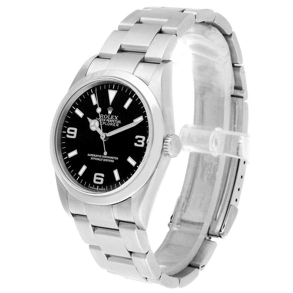 The image shows a Rolex Explorer Men's Stainless Steel Black Dial Men's Stainless Steel Black Dial watch at a three-quarter angle, highlighting the black dial, case, and bracelet.