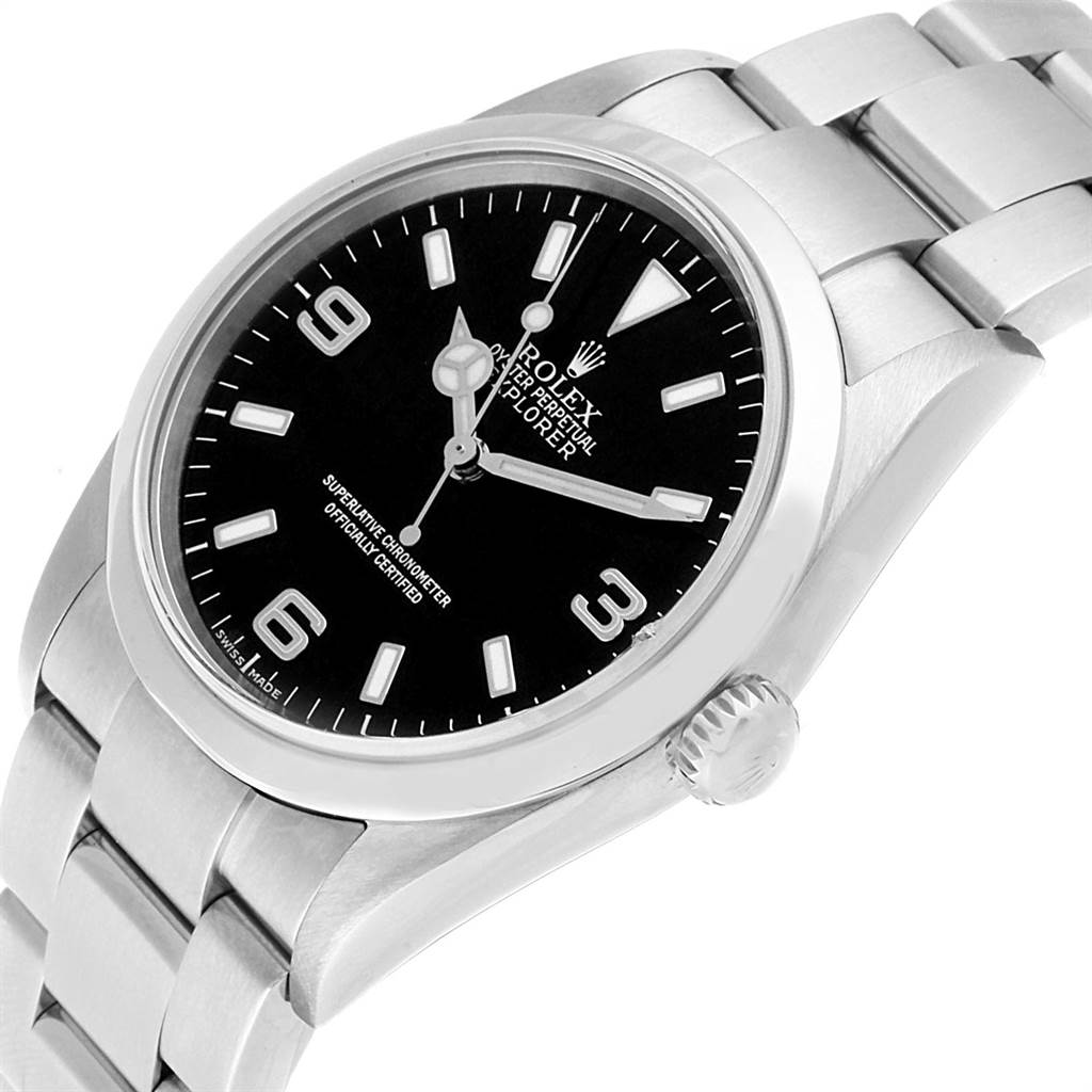 The image shows a Rolex Explorer Men's Stainless Steel Black Dial Men's Stainless Steel Black Dial watch from a 45-degree angle, highlighting the face, bezel, bracelet, and crown.