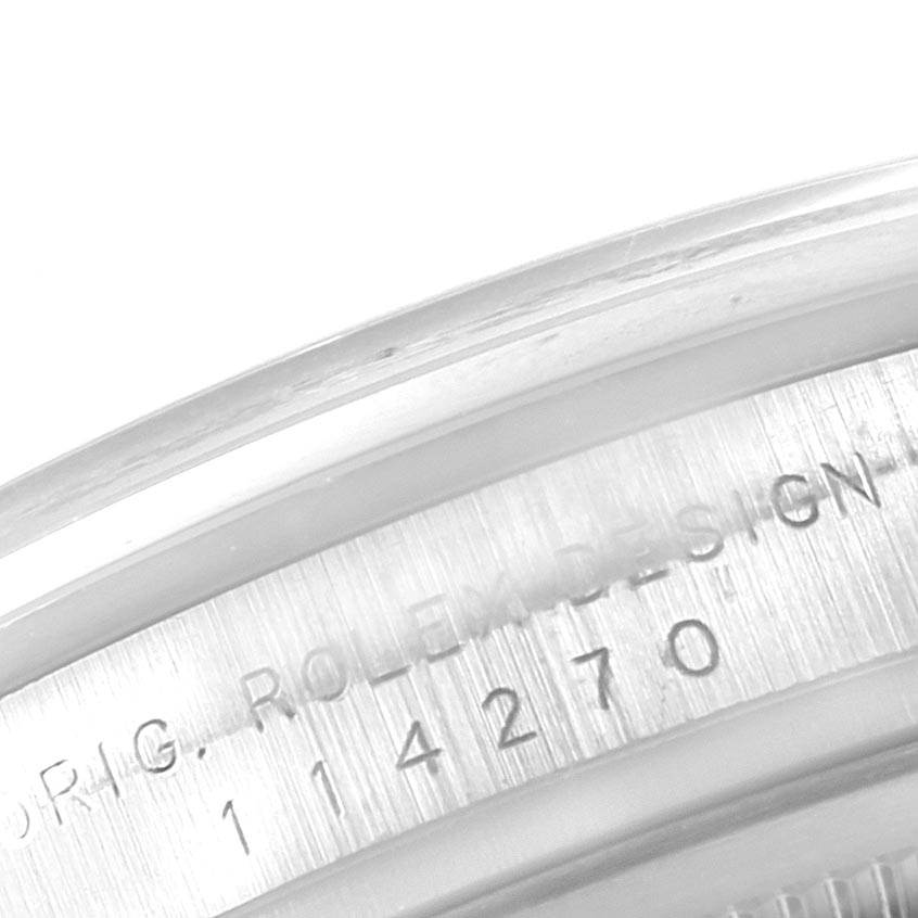 This image shows a close-up of the case engraving for the Rolex Explorer Men's Stainless Steel Black Dial Men's Stainless Steel Black Dial.