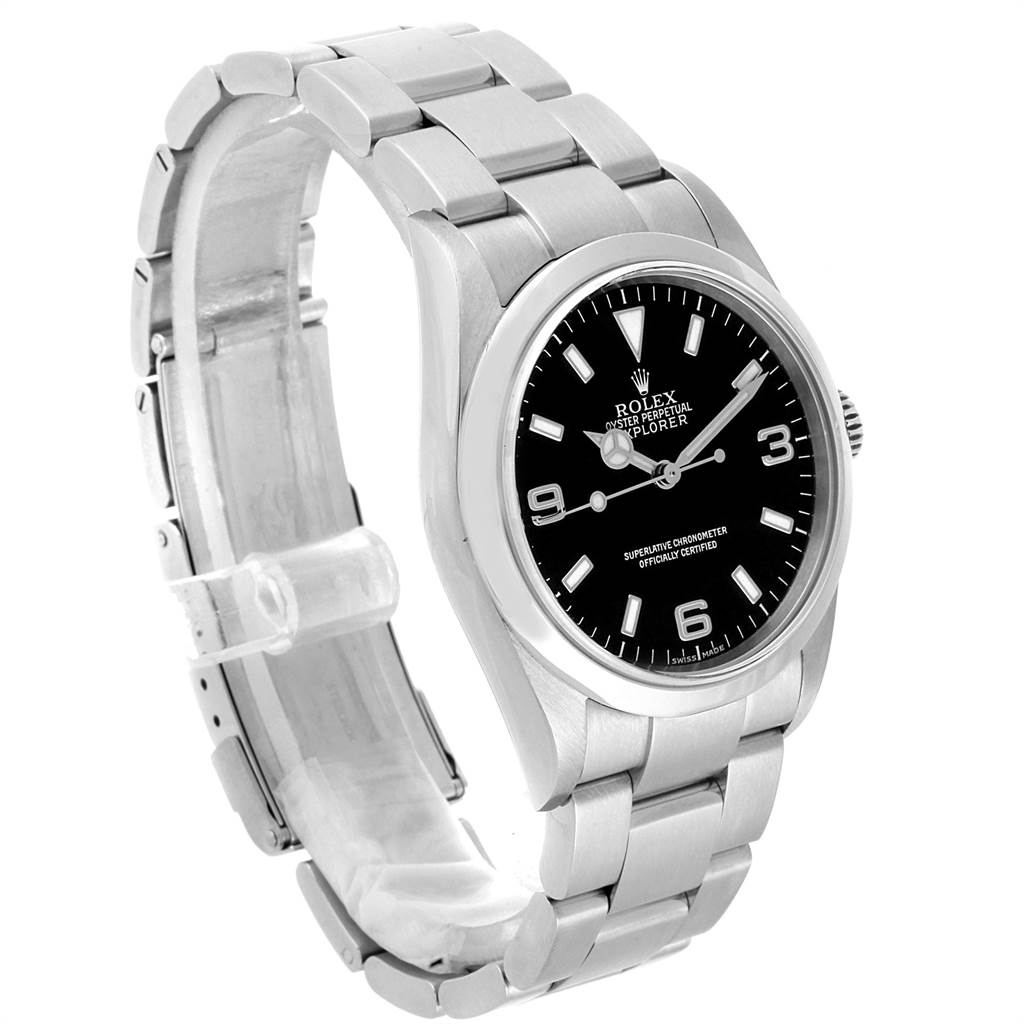 The image shows a side angle of the Rolex Explorer Men's Stainless Steel Black Dial Men's Stainless Steel Black Dial watch, highlighting its black dial, hour markers, hands, and metal bracelet.