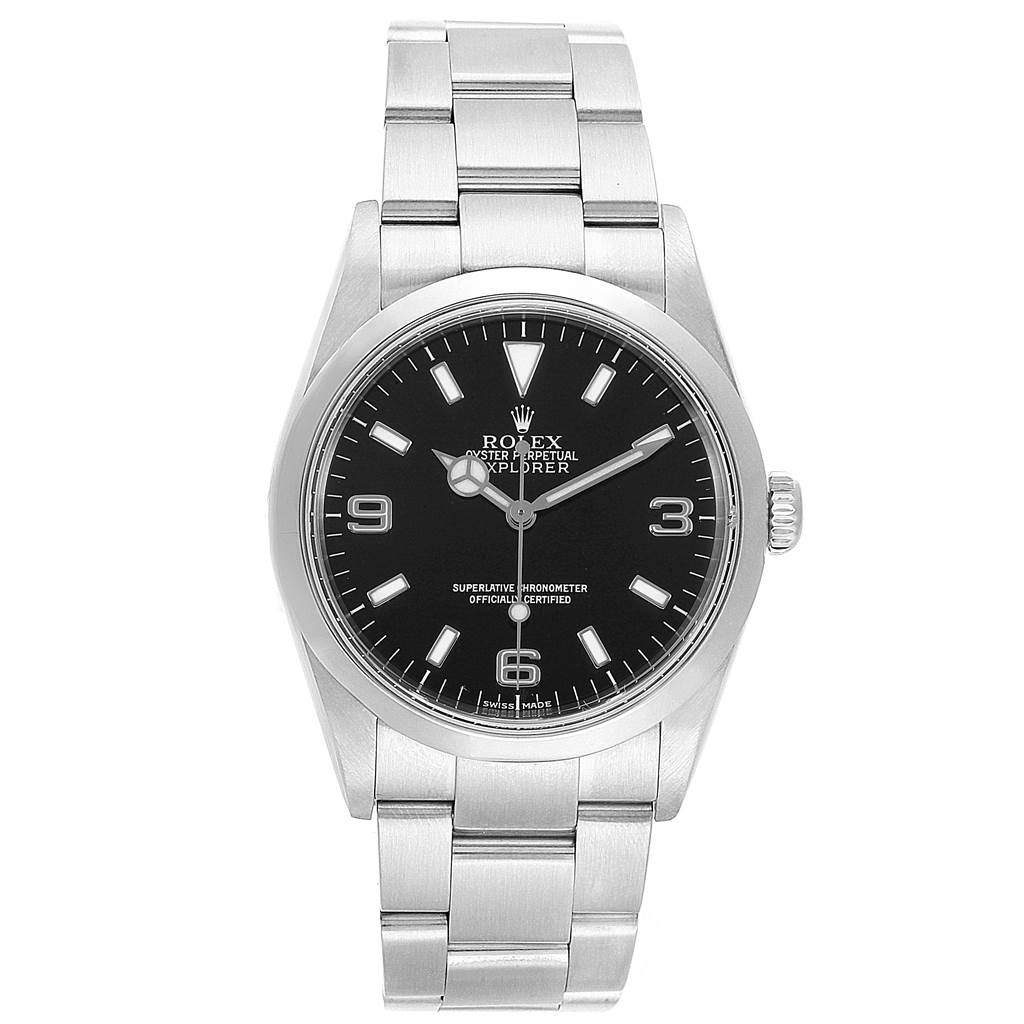 The image shows a front view of the Rolex Explorer Men's Stainless Steel Black Dial Men's Stainless Steel Black Dial watch, highlighting its black dial and stainless steel bracelet.