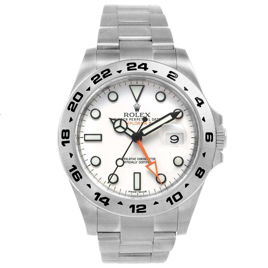 The image shows a front view of a Rolex Explorer 216570 Men's Stainless Steel White Dial 216570 Men's Stainless Steel White Dial watch featuring the dial, bezel, hands, and bracelet.