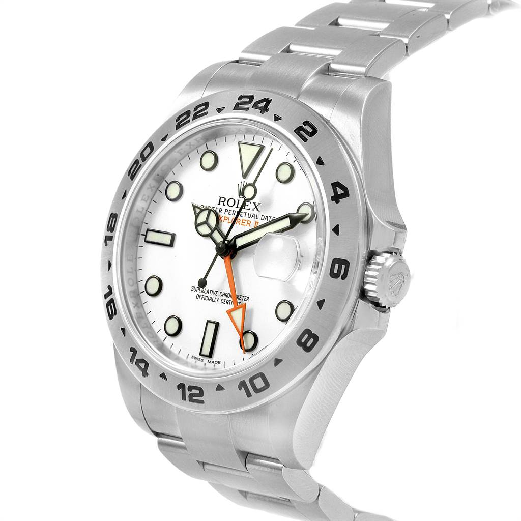 The Rolex Explorer 216570 Men's Stainless Steel White Dial 216570 Men's Stainless Steel White Dial watch is shown from a front-side angle, displaying the dial, bezel, crown, and part of the bracelet.
