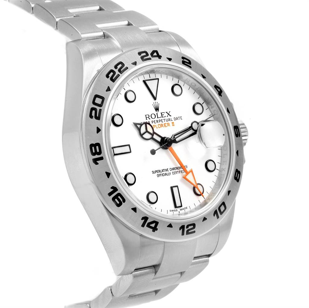 This Rolex Explorer 216570 Men's Stainless Steel White Dial 216570 Men's Stainless Steel White Dial watch is shown at an angled frontal view, featuring the dial, bezel, case, and parts of the bracelet.