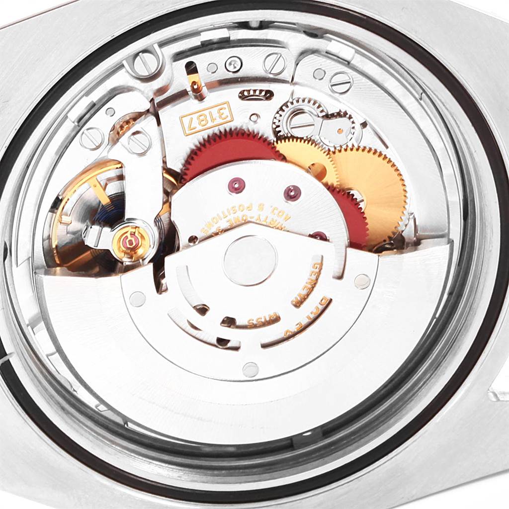 This is a close-up view of the open caseback showing the intricate movement of the Rolex Explorer 216570 Men's Stainless Steel White Dial 216570 Men's Stainless Steel White Dial watch.