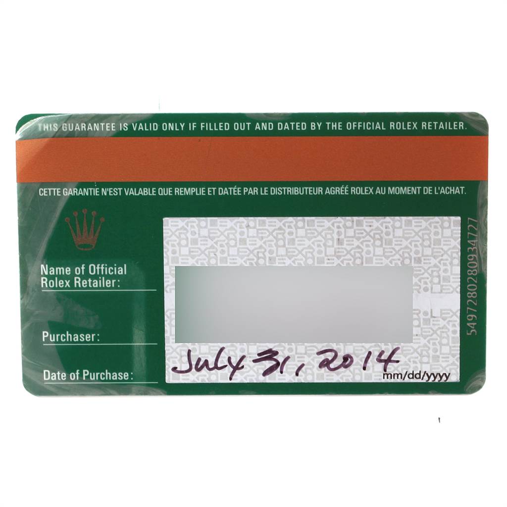 This is a guarantee card for a Rolex Explorer 216570 Men's Stainless Steel White Dial 216570 Men's Stainless Steel White Dial watch, showing fields for retailer name, purchaser, and date of purchase.