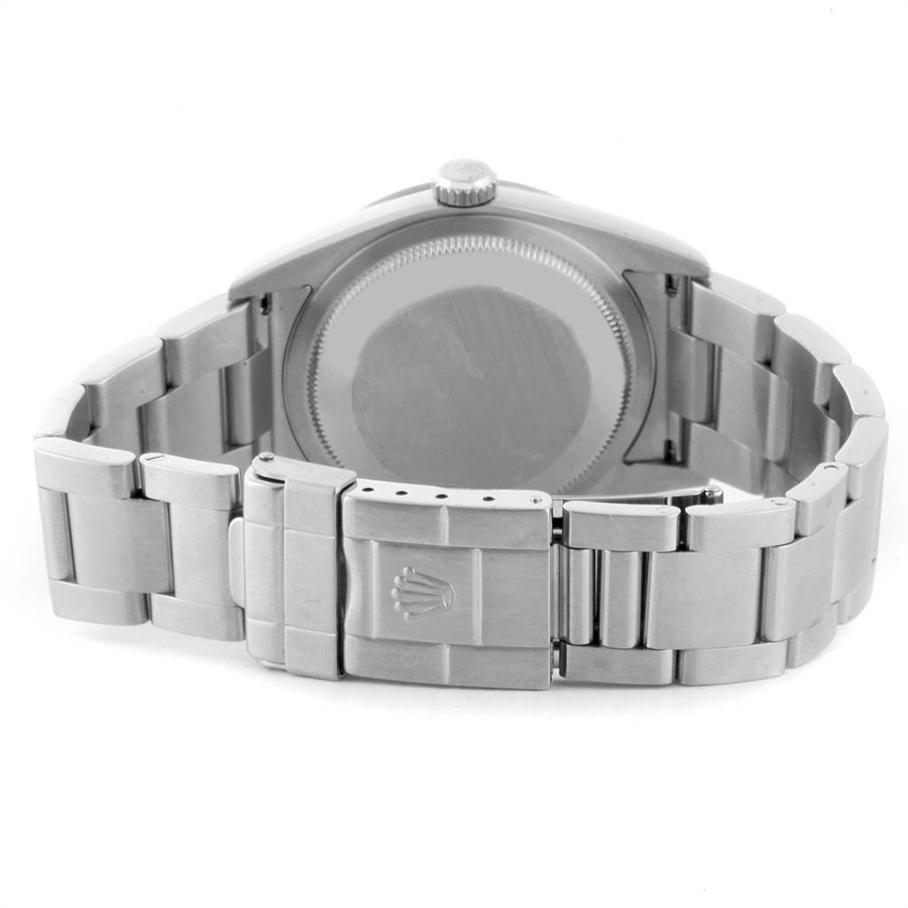 The image displays the back view of the Rolex Explorer 114270 Men's Stainless Steel Black Dial 114270 Men's Stainless Steel Black Dial watch, highlighting the case back, bracelet, and clasp.