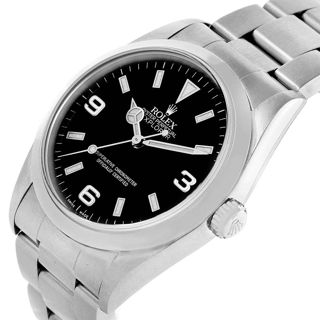 The image shows a Rolex Explorer 114270 Men's Stainless Steel Black Dial 114270 Men's Stainless Steel Black Dial watch at a slightly tilted angle, highlighting the dial, bezel, crown, and bracelet.
