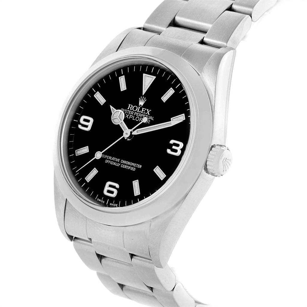 The image shows a Rolex Explorer 114270 Men's Stainless Steel Black Dial 114270 Men's Stainless Steel Black Dial watch at an angled view highlighting the black dial, bezel, crown, and stainless steel bracelet.