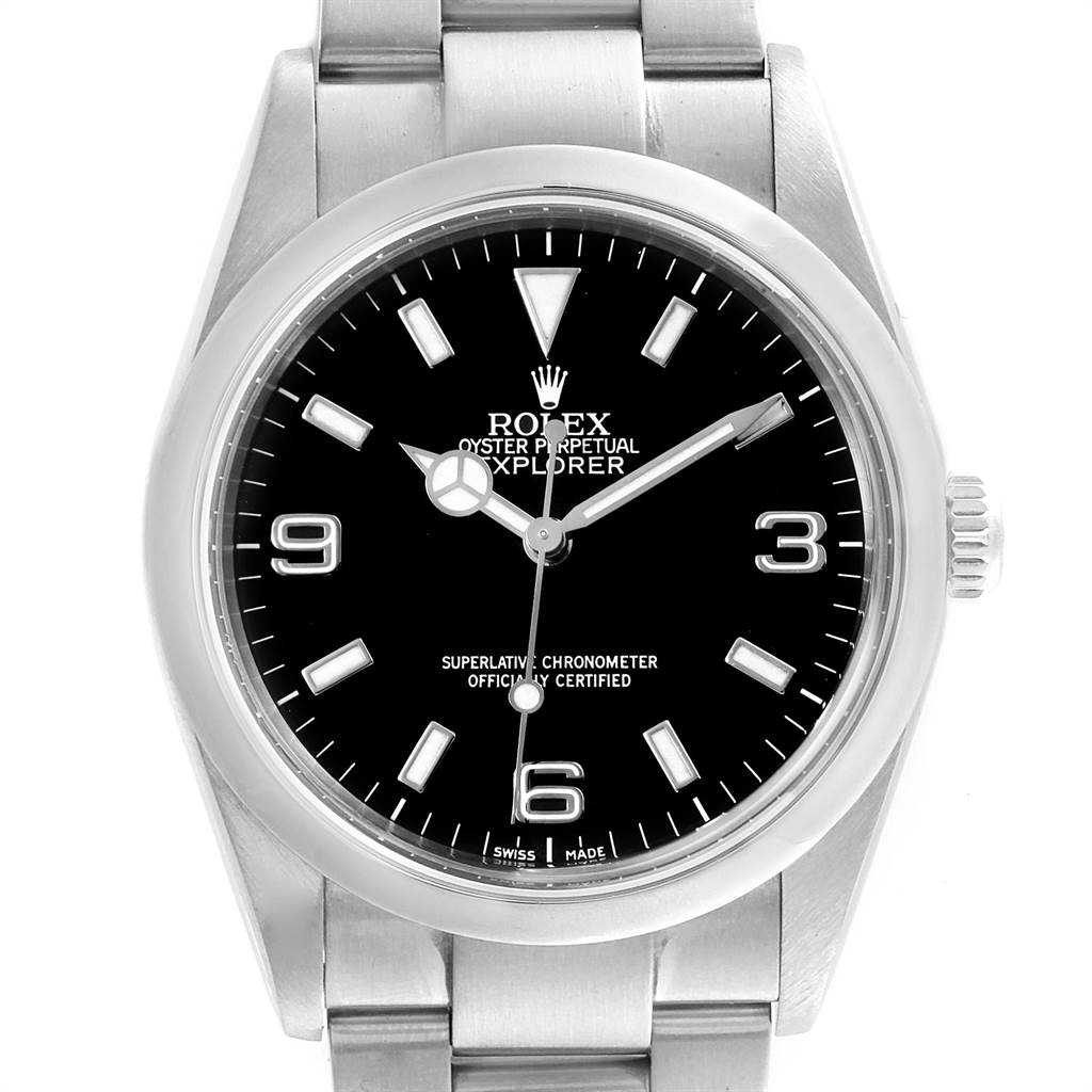 This image shows the front view of a Rolex Explorer 114270 Men's Stainless Steel Black Dial 114270 Men's Stainless Steel Black Dial watch, displaying its dial, crown, and part of the bracelet.
