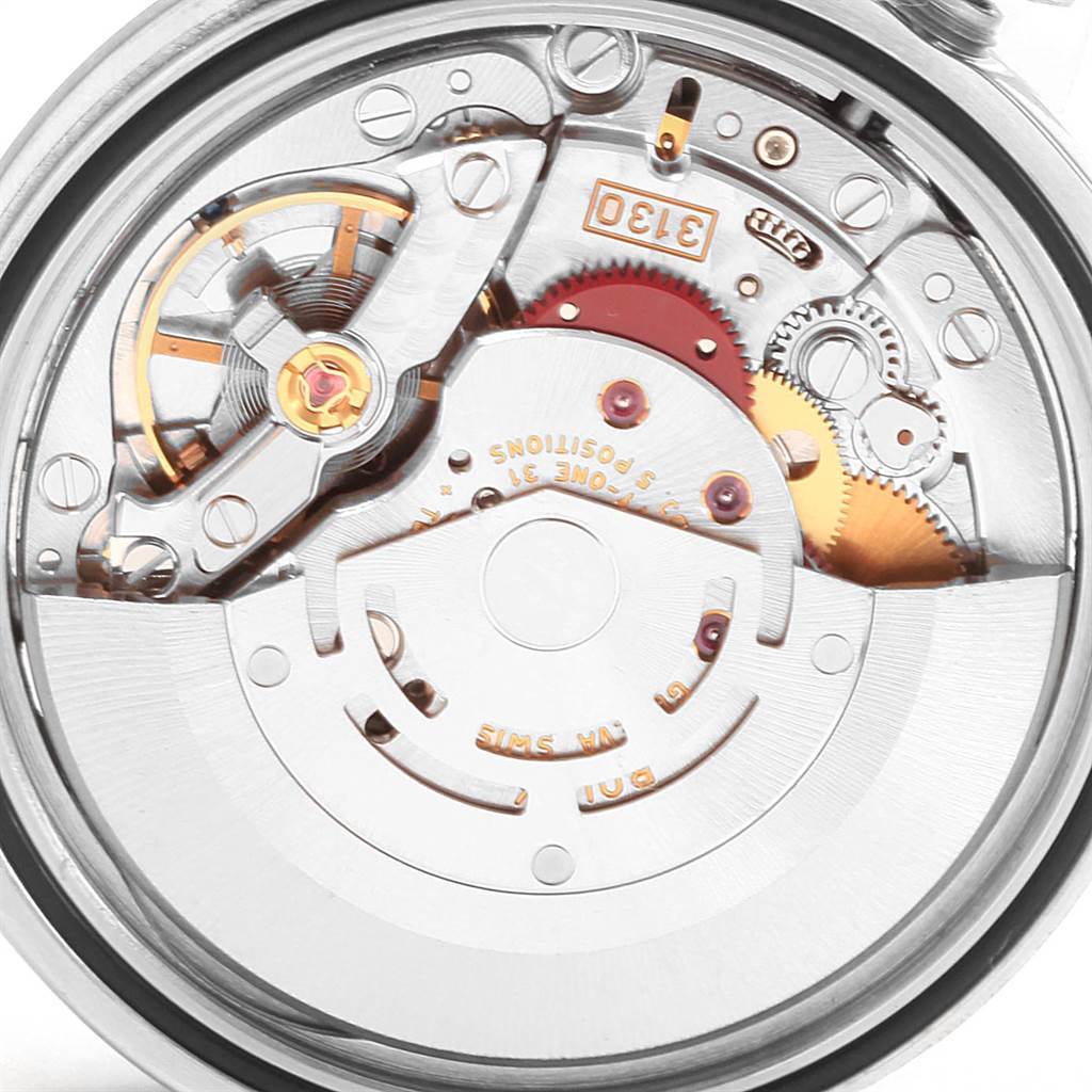 This image shows the intricate internal mechanism of the Rolex Explorer 114270 Men's Stainless Steel Black Dial 114270 Men's Stainless Steel Black Dial watch model from a rear angle.