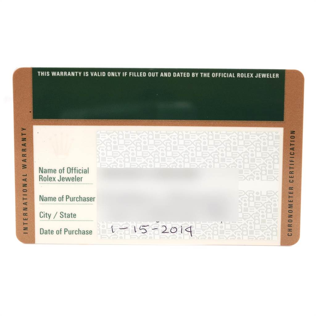 This image shows the warranty card for a Rolex Explorer 216570 Men's Stainless Steel White Dial 216570 Men's Stainless Steel White Dial watch, detailing purchase information and warranty terms.