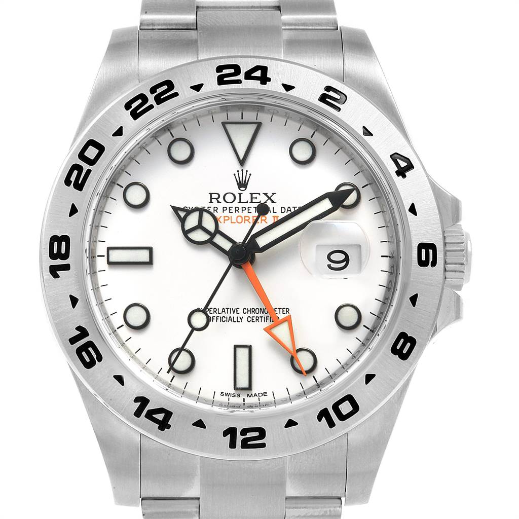 This image shows the front view of the Rolex Explorer 216570 Men's Stainless Steel White Dial 216570 Men's Stainless Steel White Dial watch, highlighting the bezel, dial, hands, date window, and part of the bracelet.