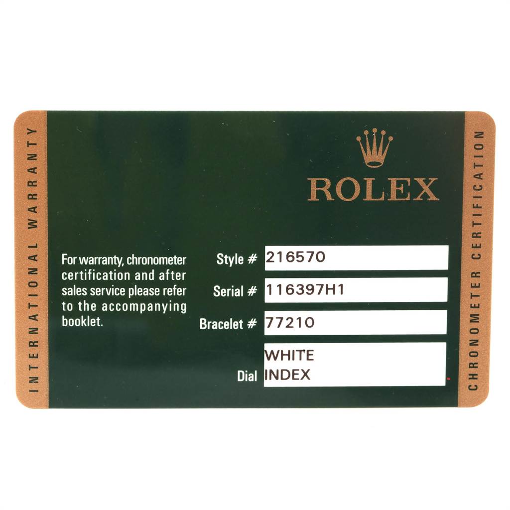 This image shows the warranty card for a Rolex Explorer 216570 Men's Stainless Steel White Dial 216570 Men's Stainless Steel White Dial model, displaying the style, serial, bracelet numbers, and dial information.