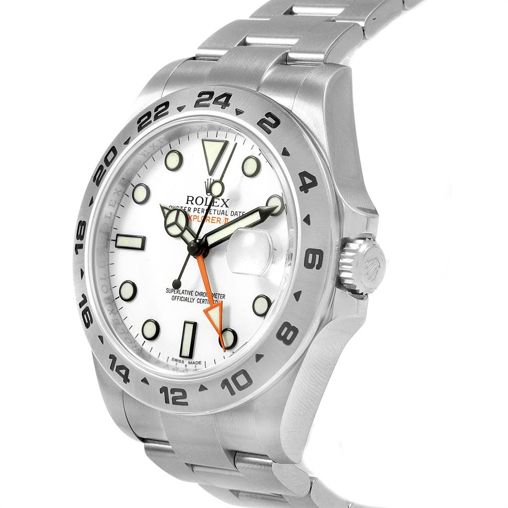 This image shows a side-angle view of the Rolex Explorer 216570 Men's Stainless Steel White Dial 216570 Men's Stainless Steel White Dial watch, highlighting the face, bezel, crown, and partial bracelet.