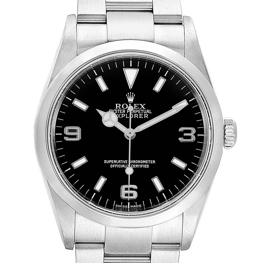 This image shows a frontal view of the Rolex Explorer 114270 Men's Stainless Steel Black Dial 114270 Men's Stainless Steel Black Dial model, featuring the watch face, hands, crown, and part of the bracelet.