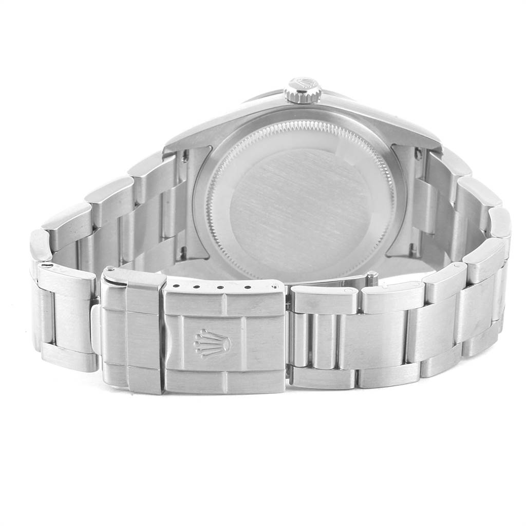 The image shows the back and bracelet of a Rolex Explorer 114270 Men's Stainless Steel Black Dial 114270 Men's Stainless Steel Black Dial watch, highlighting the clasp and case back.