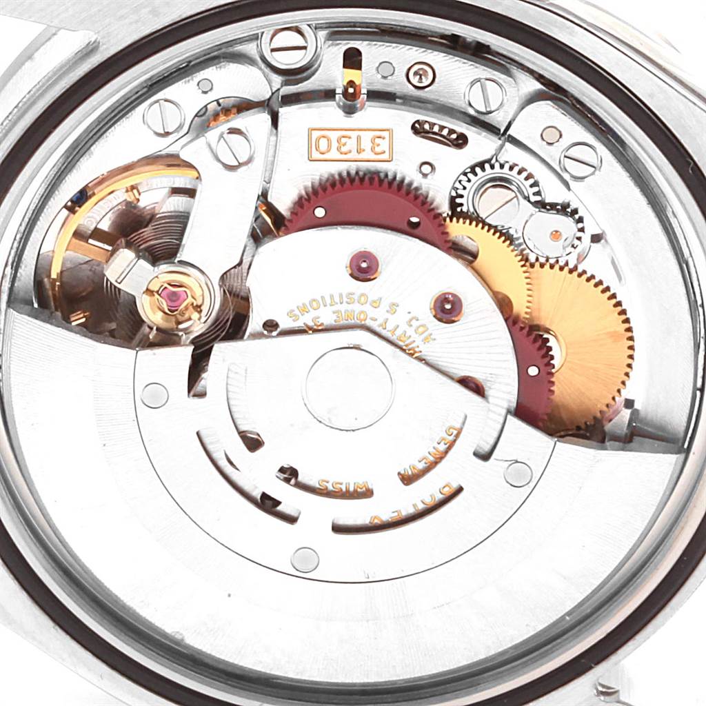 The image shows the inner mechanical movement of a Rolex Explorer 114270 Men's Stainless Steel Black Dial 114270 Men's Stainless Steel Black Dial watch, viewed from the back.