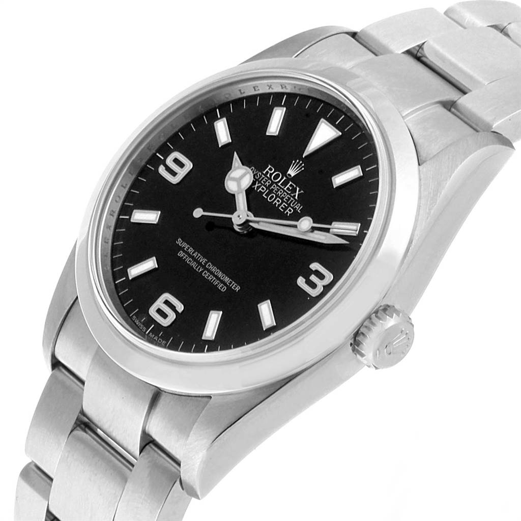 This image shows a side angle of the Rolex Explorer 114270 Men's Stainless Steel Black Dial 114270 Men's Stainless Steel Black Dial watch, highlighting the dial, crown, and bracelet.
