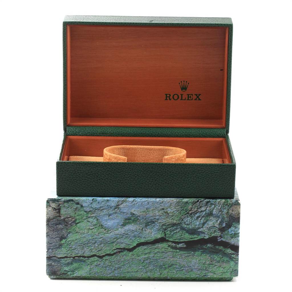 The image shows an open Rolex Explorer 114270 Men's Stainless Steel Black Dial 114270 Men's Stainless Steel Black Dial watch box with the Rolex logo visible inside the lid.