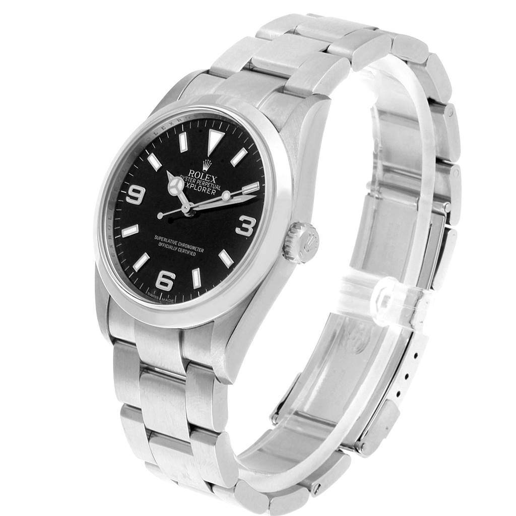 The image shows a side and partial oblique view of the Rolex Explorer 114270 Men's Stainless Steel Black Dial 114270 Men's Stainless Steel Black Dial watch, highlighting the case, dial, crown, and bracelet.