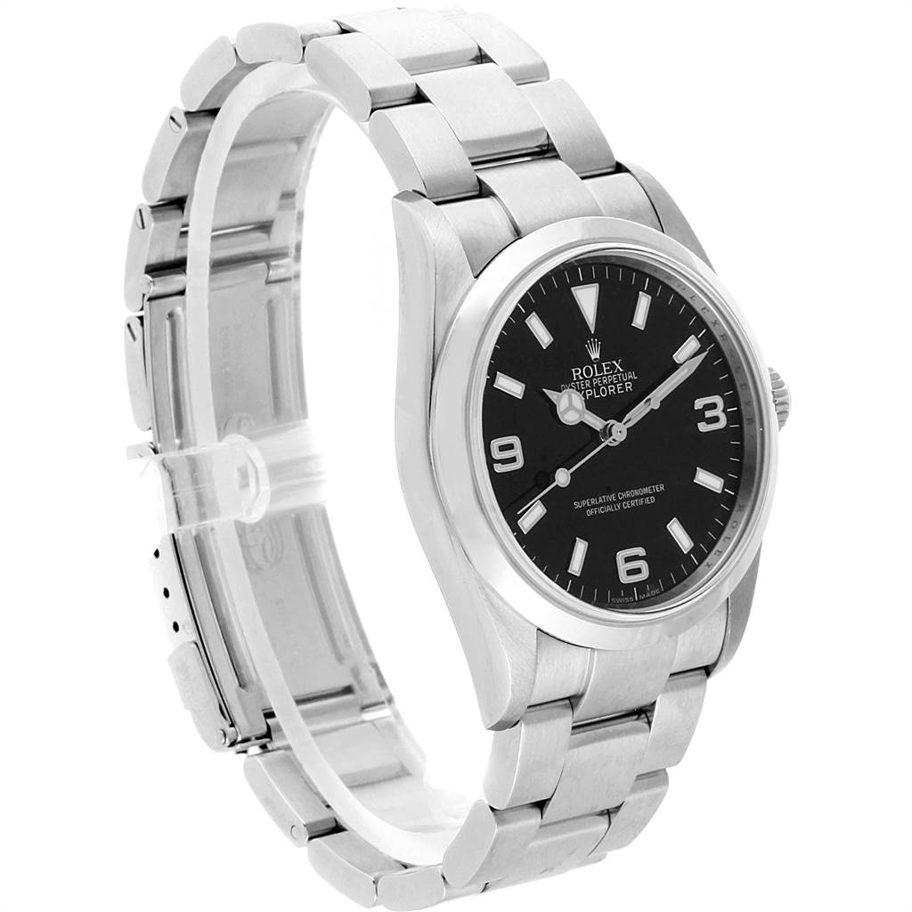 The image shows a side and front view of the Rolex Explorer 114270 Men's Stainless Steel Black Dial 114270 Men's Stainless Steel Black Dial model, showcasing its black dial and stainless steel bracelet.