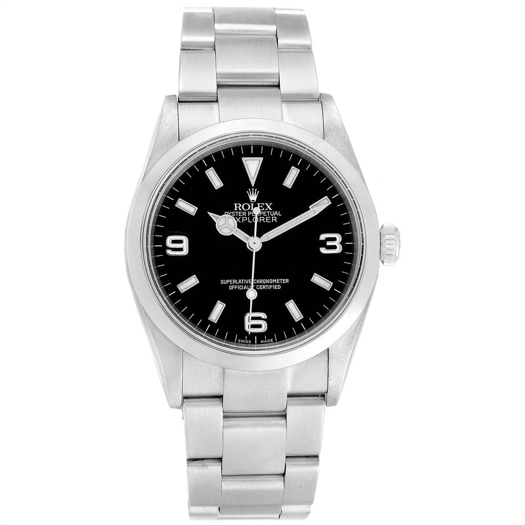 The image shows a front view of the Rolex Explorer 114270 Men's Stainless Steel Black Dial 114270 Men's Stainless Steel Black Dial watch, displaying the face, bezel, crown, and bracelet.