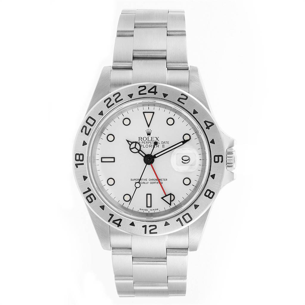 The image shows a front view of the Rolex Explorer 16570 Men's Stainless Steel White Dial 16570 Men's Stainless Steel White Dial watch, displaying the dial, bezel, and bracelet.
