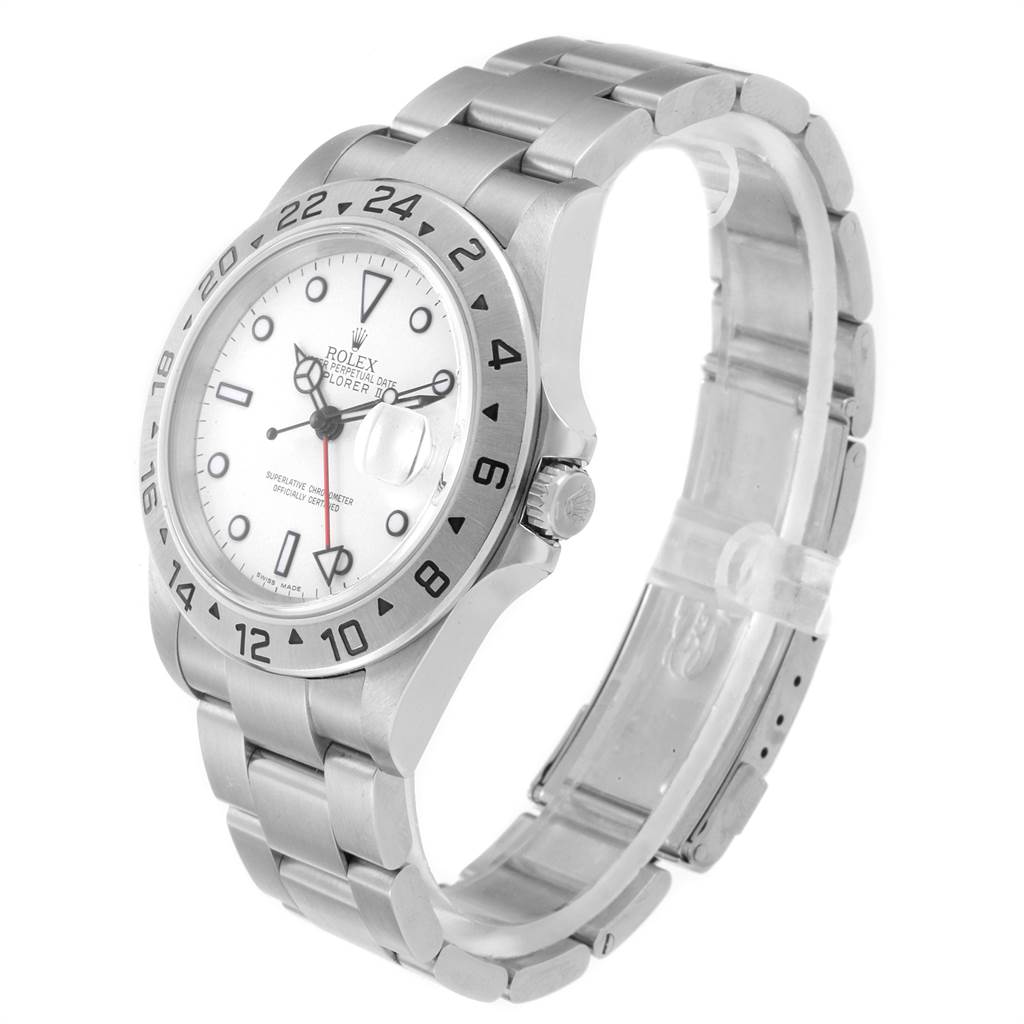 The image shows a side angle of a Rolex Explorer 16570 Men's Stainless Steel White Dial 16570 Men's Stainless Steel White Dial watch, highlighting the dial, bezel, crown, and bracelet.