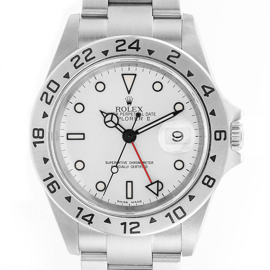 The Rolex Explorer 16570 Men's Stainless Steel White Dial 16570 Men's Stainless Steel White Dial watch is shown from a front angle, highlighting the dial, bezel, and part of the bracelet.